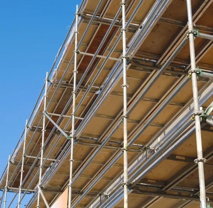Close-up of metal scaffolding platform system used for construction and maintenance projects