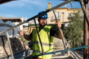 Worker assembling scaffolding frame on residential job site in Berkeley using safe and reliable equipment