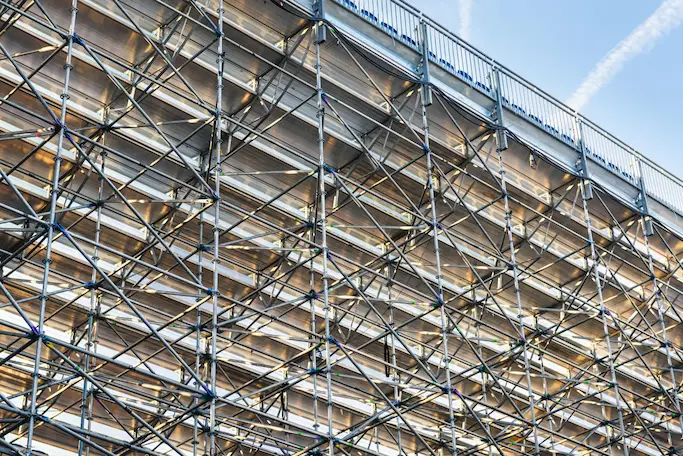 Detailed view of industrial scaffolding framework showing secure connections and support structure