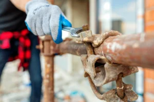 Worker tightening scaffolding clamp using wrench for secure installation on construction site